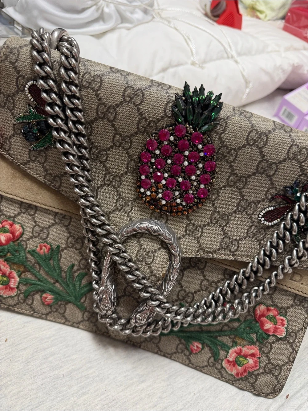 Gucci Beige GG Supreme Embroidered Dionysus Shoulder Bag with Pineapple Detail